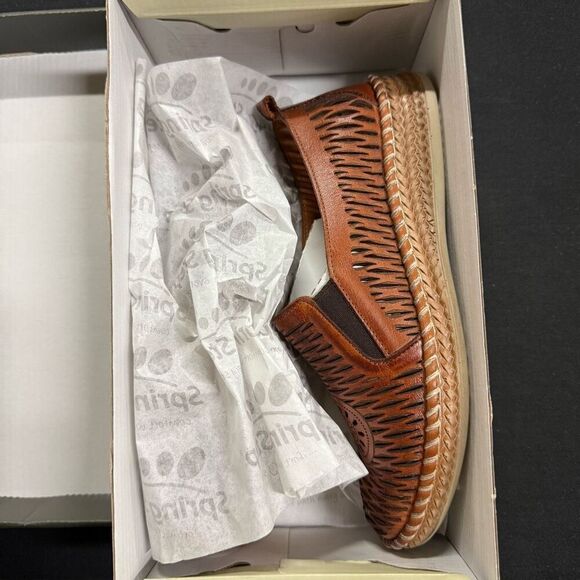 New Spring Step Newday Cognac Brown Leather Laser Cut Flats Sneakers 36 - Picture 1 of 6